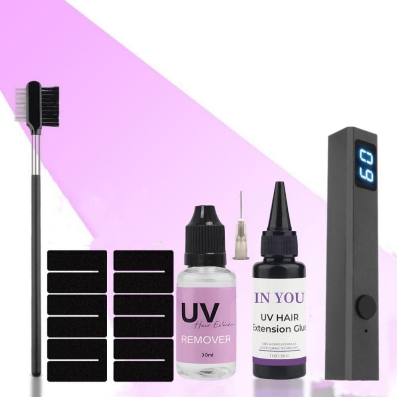 

Набор для наращивания волос УФ 30 г с лампой и расческой для снятия | Водостойкий клей мгновенного отверждения | Безболезненная салонная система снятия в домашних условиях A set