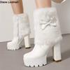 Women's Fur Platform Ankle Boots Shoes Fashion Bow 11CM High Heels White Black Autumn Winter Short Boot Ladies Large Size 34-50