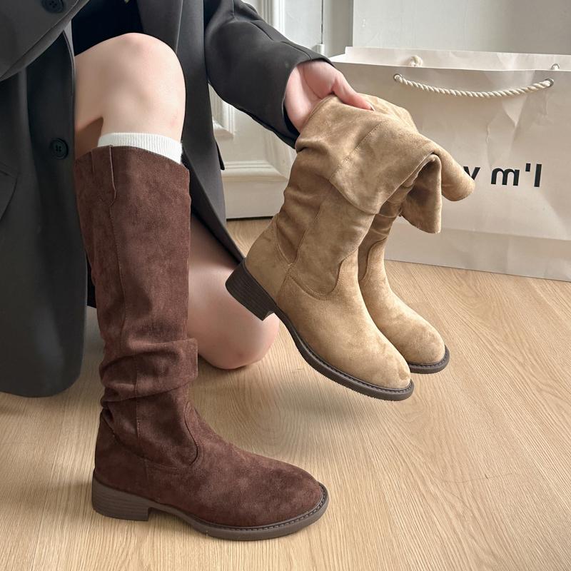 New Style Women's Low Heel Side Zip Suede Thigh High Women's Luxury Boot Retro Woman Boots Autumn Winter Knee High Boots