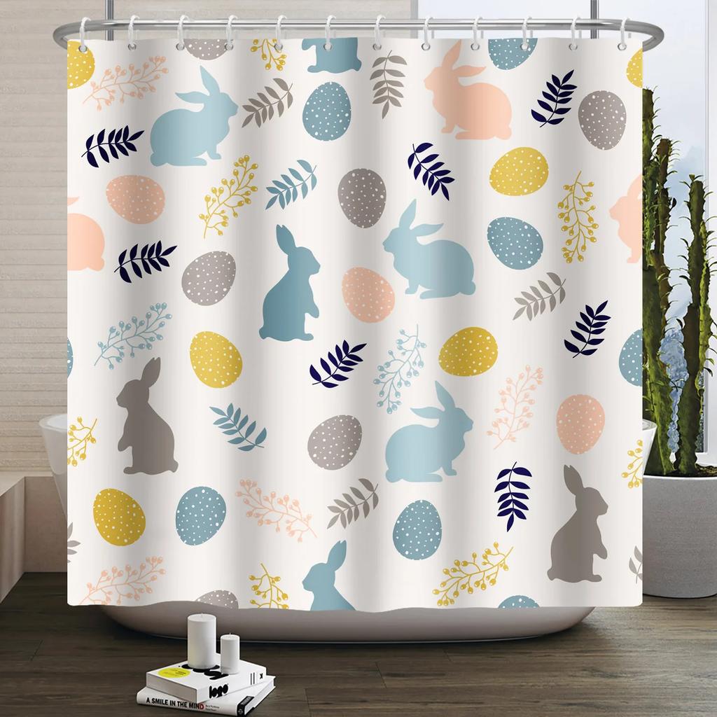 Spring Easter Shower Curtain Happy Rabbit Bunny Eggs Flower Garden Floral Holiday Waterproof Bathroom Shower Curtain With Hooks