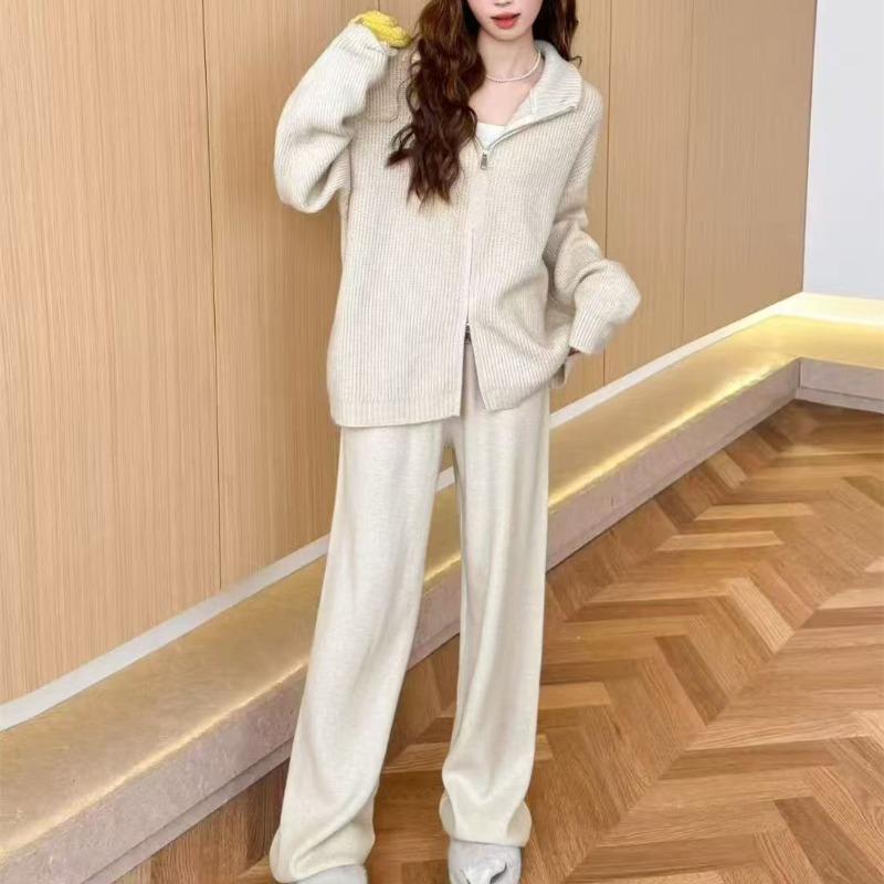 Casual Style Double Zipper Knitted Cardigan Set Women's Autumn and Winter Large Size Loose Sweater Wide-leg Pants Two-piece Set Women