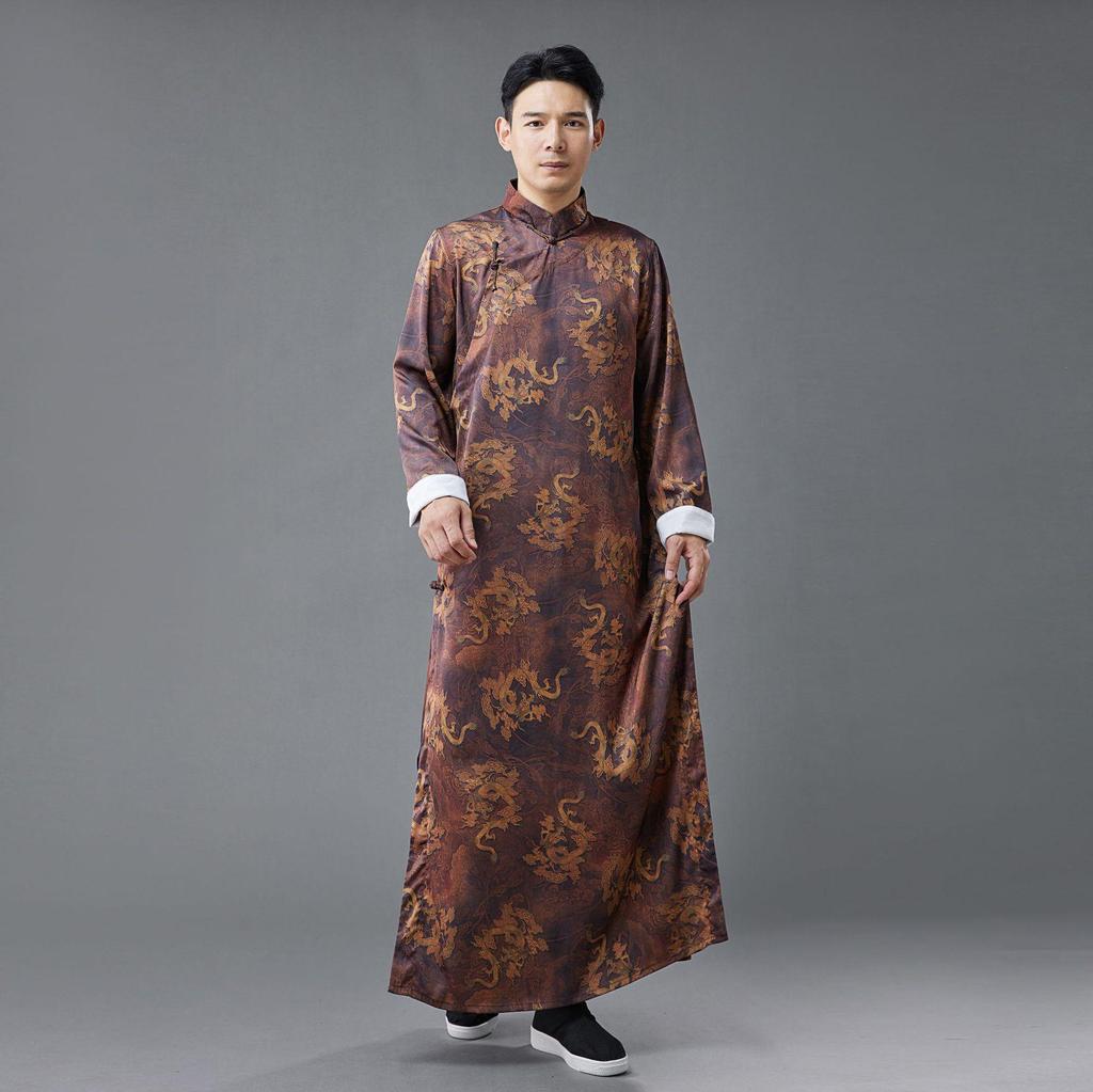 Chinese Silk Satin Dragon Print Long Shirt with Pan Kou Buttons - Purple Performance Robe
