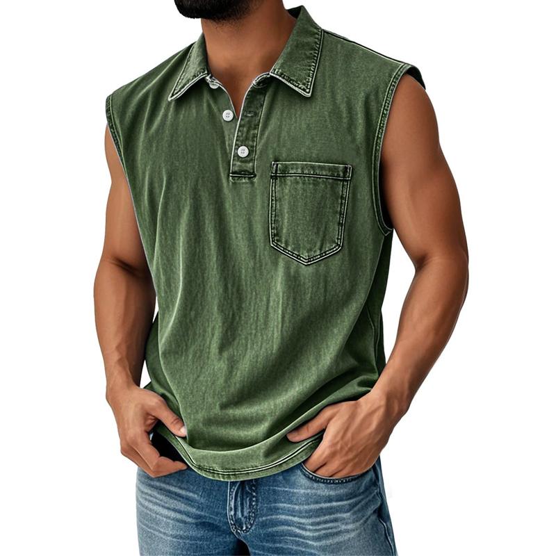 Men's Vintage Wash Sleeveless Polo Shirt Casual Denim Look Tank Top Button Down Vest Summer Beach Streetwear