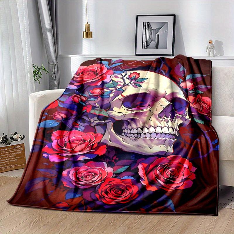 1pc Skull and Roses Cartoon Blanket  Soft Throw for Room Decor, Perfect Gift for Friend, Living Room, Travel, Camping, Car Blankets