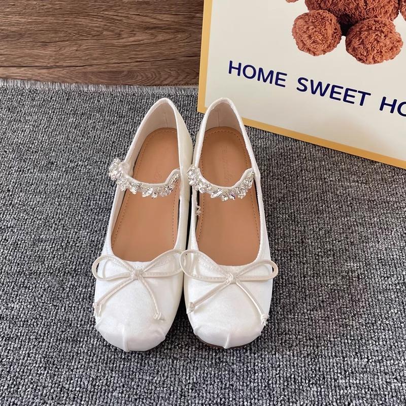 Sheepskin version small man inner height increase 5cm ballet shoes women's spring and autumn rhinestone bow light mouth satin shoes