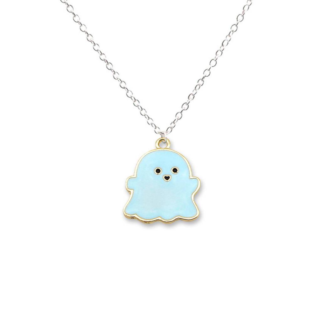 Cute Cartoon Ghost Pendant Necklace for Women Men Couples Stainless Steel Jewelry Halloween Gift
