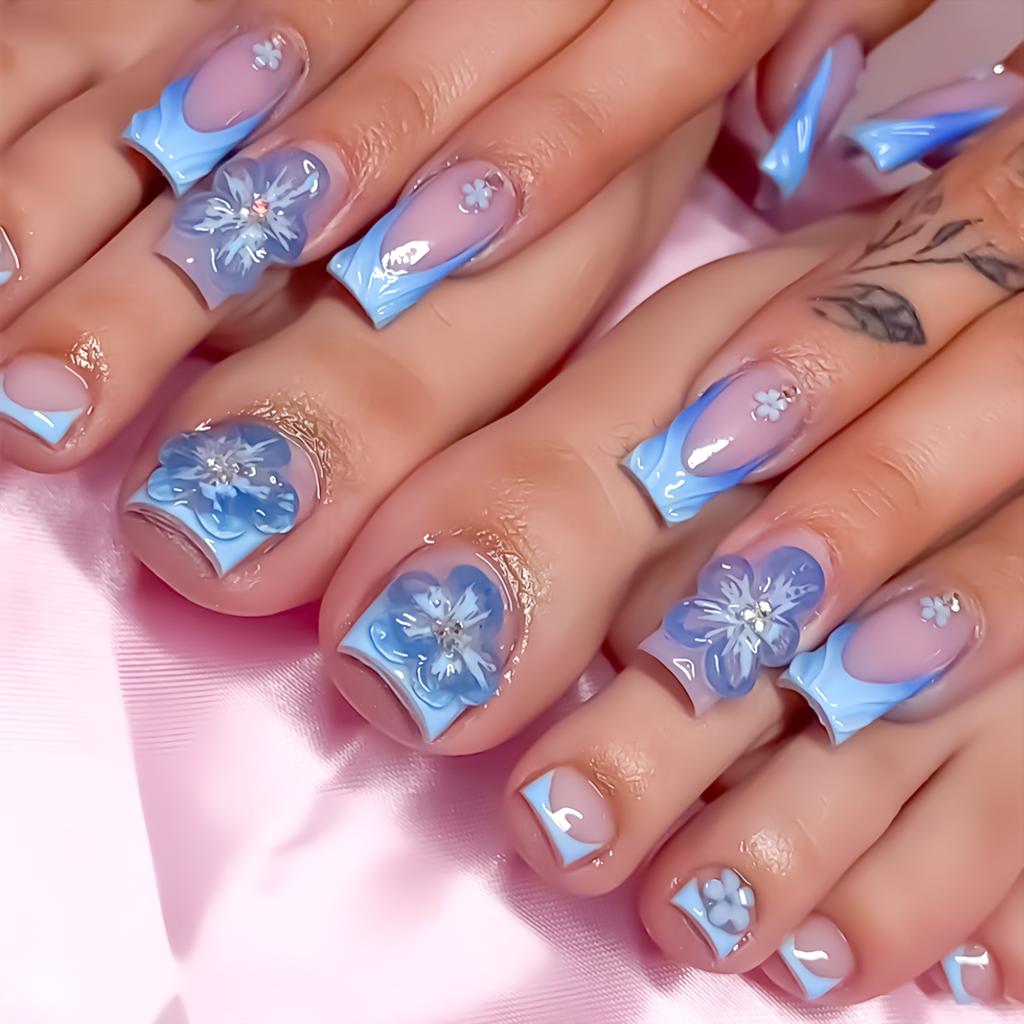 Pink False Nails Toenails with French Blue Tip Prevailing Natural Look Press-On Nail Sets for Working Dating or Partying