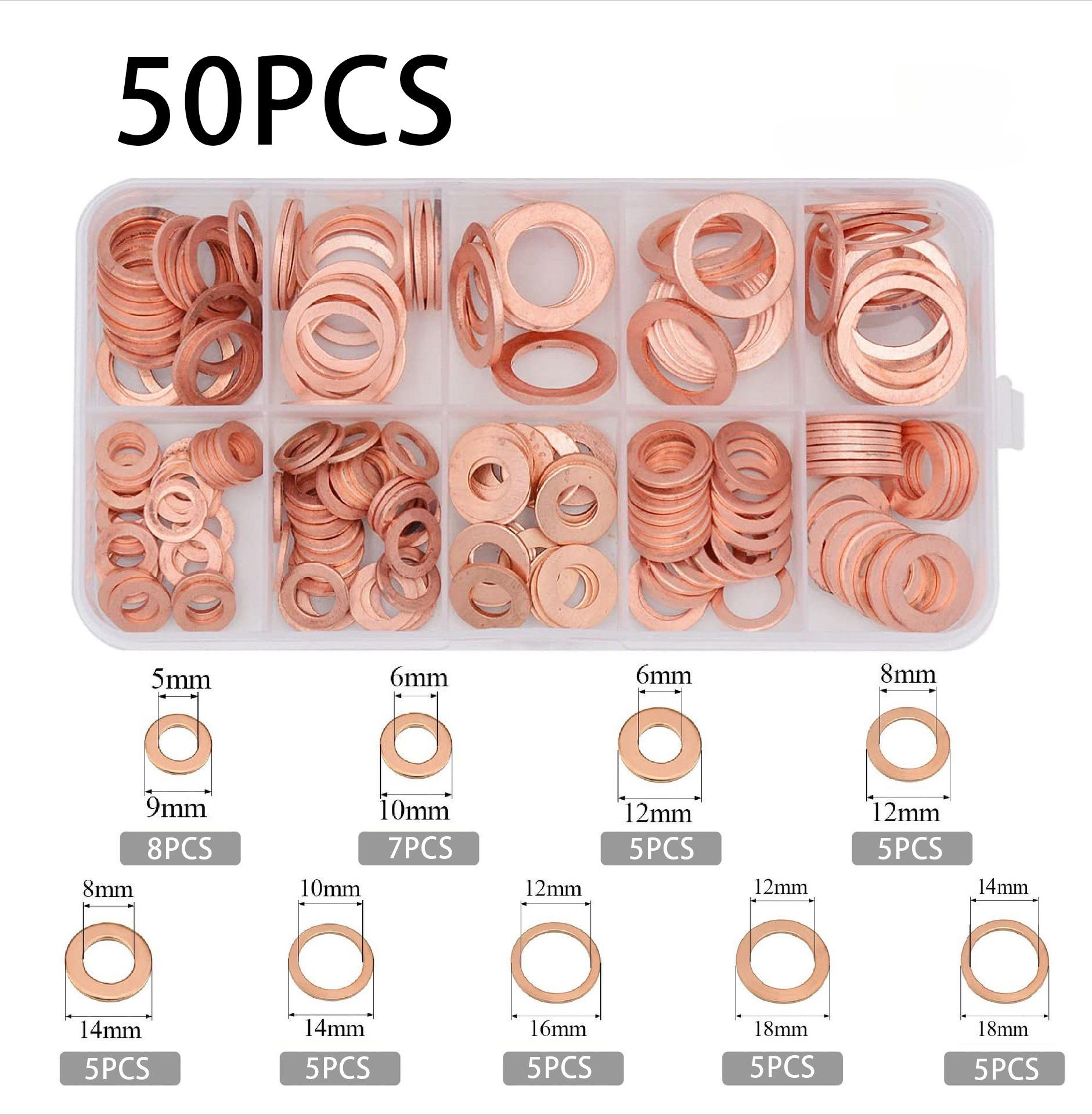 

Juego de tuercas y pernos de junta de arandela de cobre, Kit surtido de sellos de anillo plano 50/100/200pcs tapones de sumidero