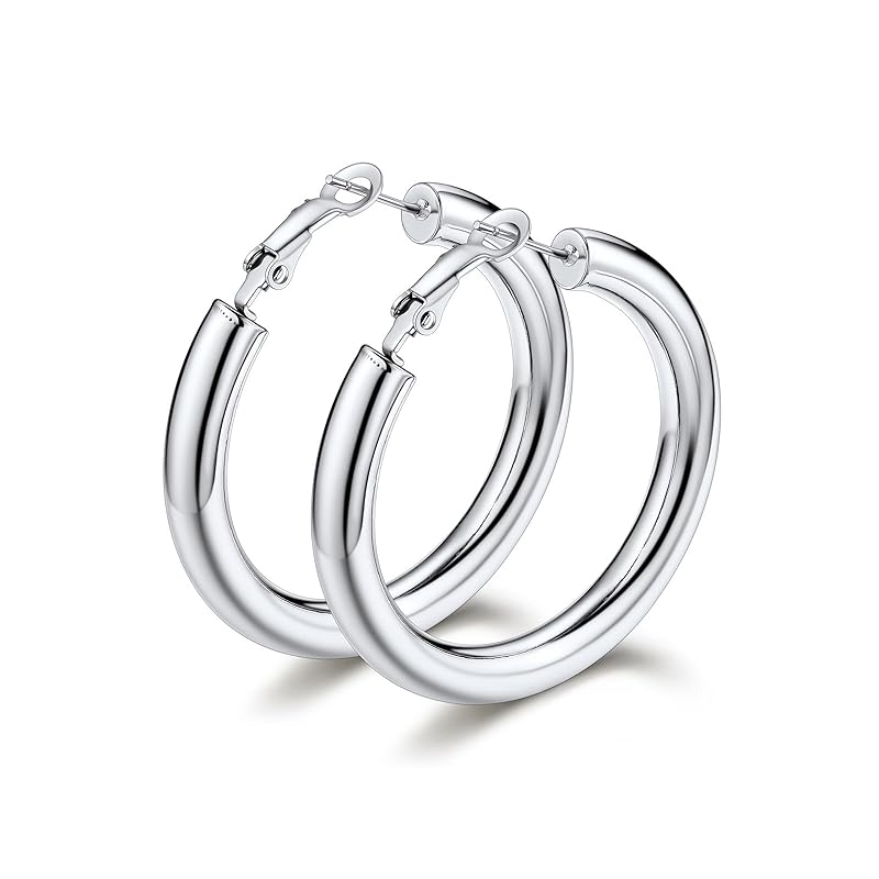 

Bestyle hoop earrings ladies link earrings big stainless Compatible with metal allergies both ears 40mm silver Thick simple Popularity accessories