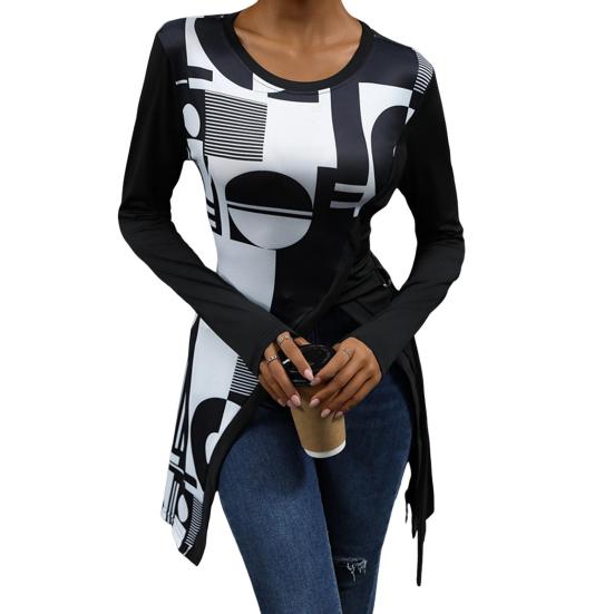 

Женские топы с круглым вырезом и длинным рукавом с геометрическим принтом, облегающая футболка сбоку S чёрный