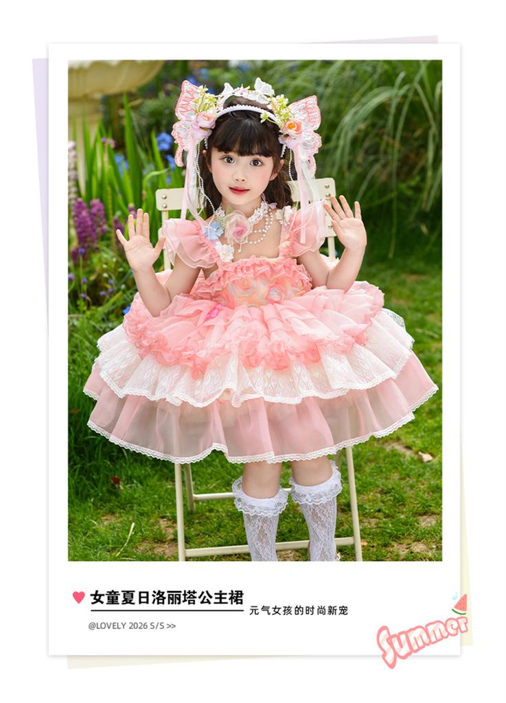 Girl Lolita Princess Dress Summer Lace Children's Super Fairy Flower Fairy Pink Dress Puff Skirt Dress