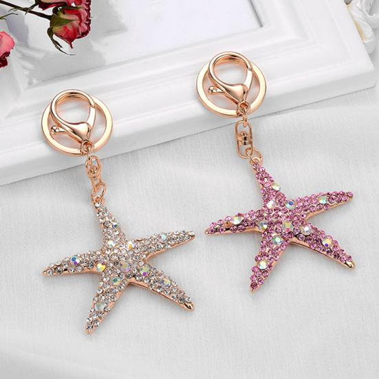 Keychain Sparkling Rhinestones Inlaid Starfish Design Keychain Pendant Enamel Oil Drip Process Smooth Edges Spring Buckle Key Holder Backpacks