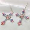 Luxury Exaggerate Cross Hollowed-out Heart Pink Purple Crystal Zircon Dangle Earrings for Women Hip-hop Punk Y2k Jewelry Gifts