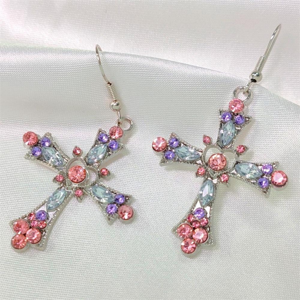 Luxury Exaggerate Cross Hollowed-out Heart Pink Purple Crystal Zircon Dangle Earrings for Women Hip-hop Punk Y2k Jewelry Gifts