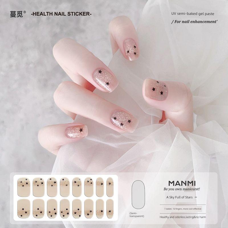 

[Manmi] UV Gel Nail Sticker Full Paste Semi-Cured Heating Lamp Nail Stickers White Fingernail Decoration Waterproof [Gypsophila] 16-finger-thin(Required light)