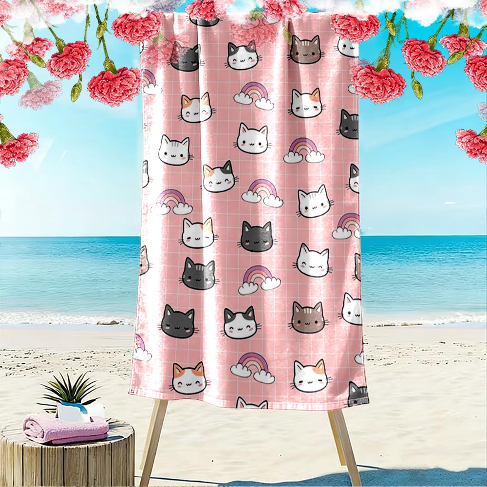 Cute Cat Faces and Rainbow Pattern Towel Beach towel quick-drying for travel outdoor sports jogging beach and swimming