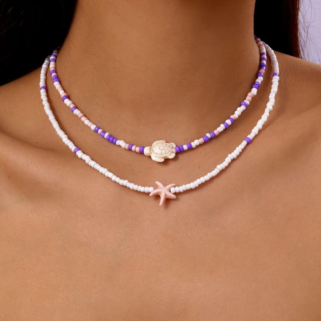 Bohemian Mixed Color Rice Beads Starfish Pendant Necklace for Women Double Turtle Chain Clavicle Necklace Summer Travel Jewelry