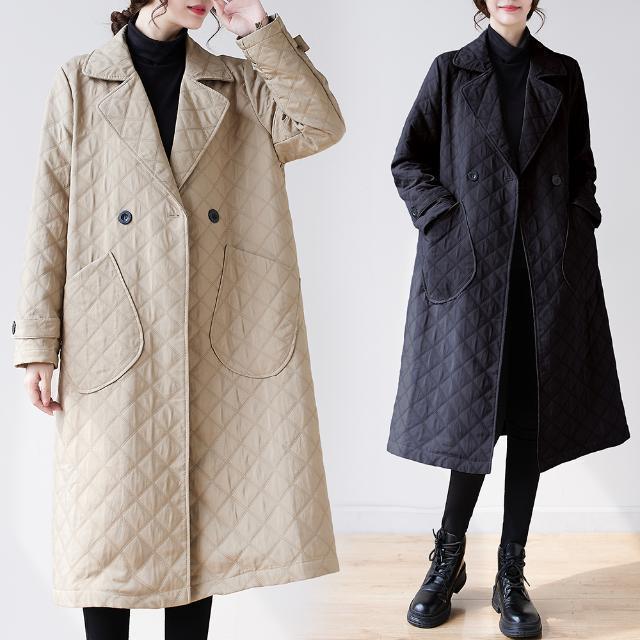 Women's Korean-Style Fashionable Autumn Winter Trench Coat Lightweight Mid-Length Loose Coat with Stylish Diamond Pattern
