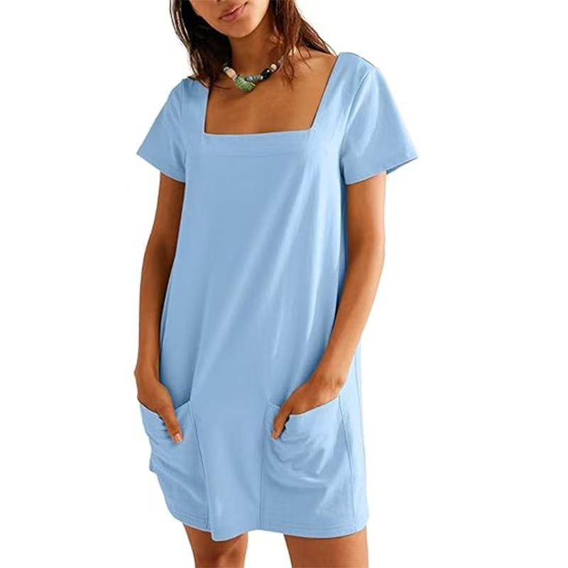 European and American Fashion: Women's Square Neck Short Sleeve Pocket Dress