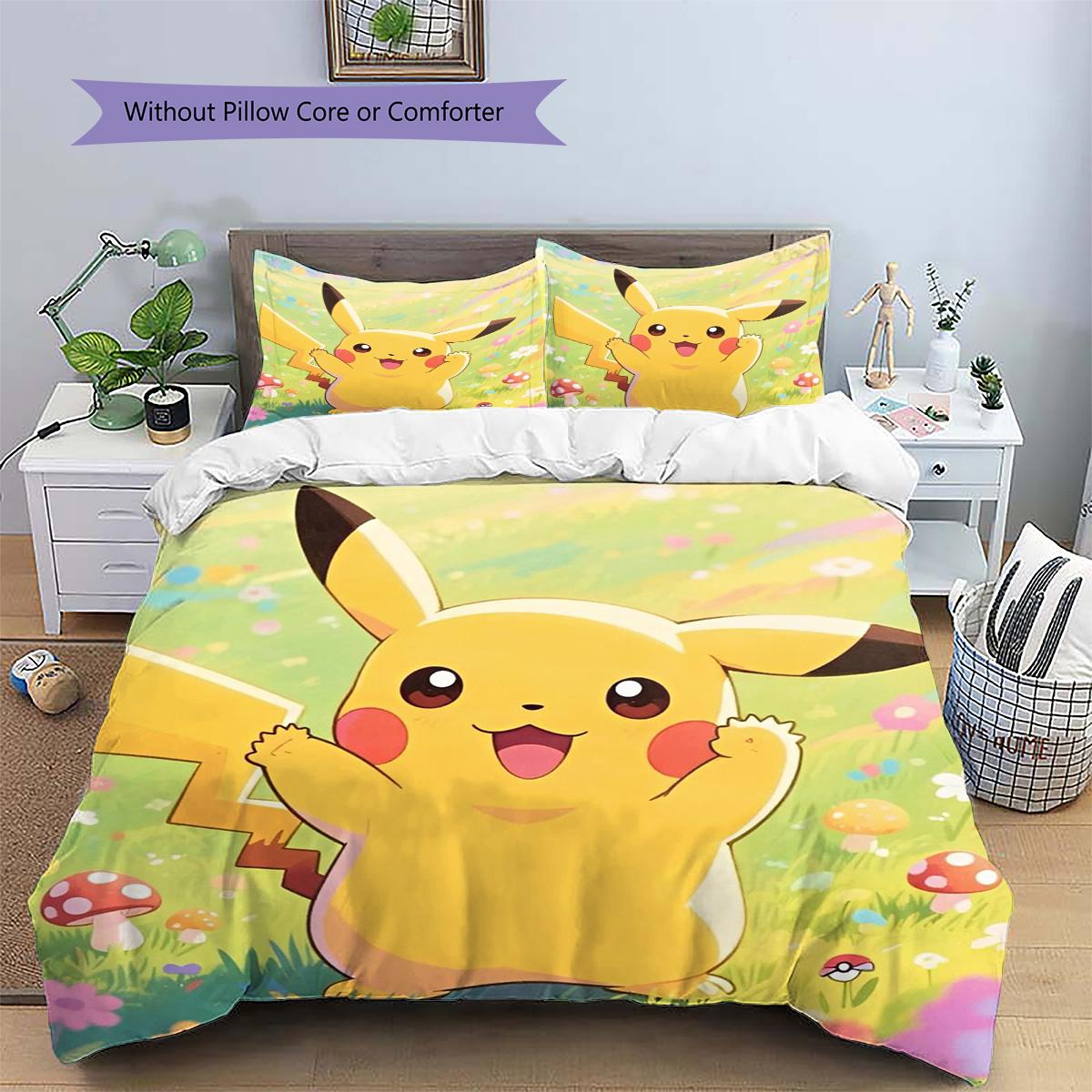 

Pikachu Patterned Pillowcase & Duvet Cover Set Anime Character Pattern Bedding for Bedroom Decor Nice Present for Lovers.-TING 135x200cm