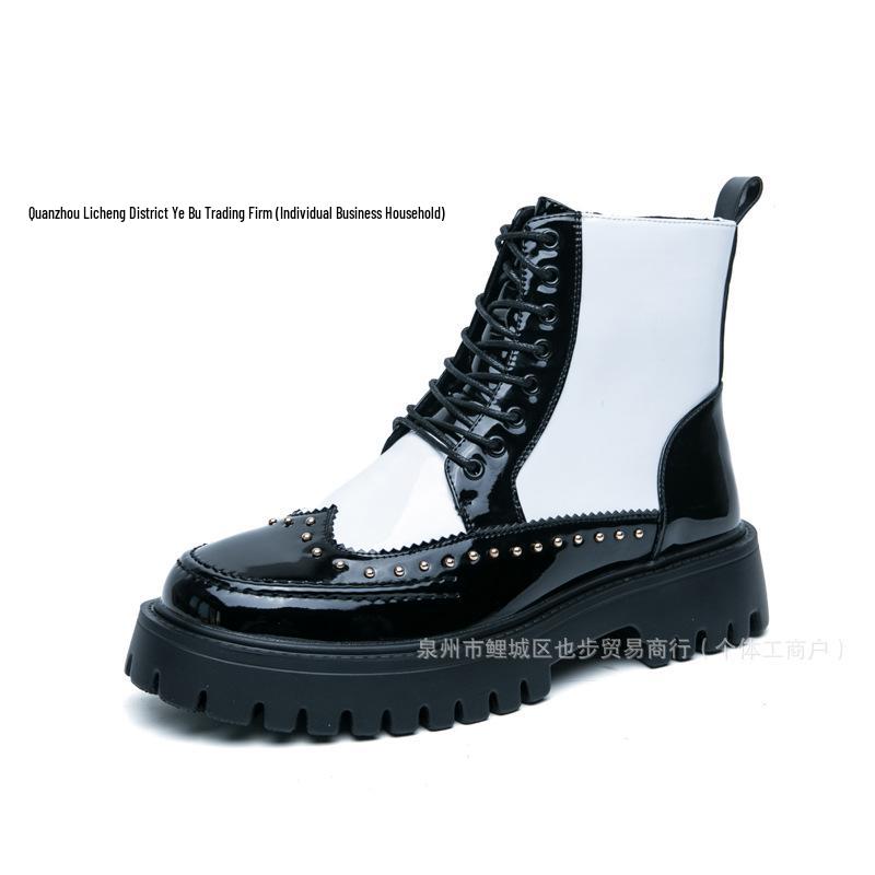 

Мужские блестящие кожаные ботинки на толстой подошве с острым носком - модные высокие ботильоны для осени и зимы Size 39 чёрный/белый