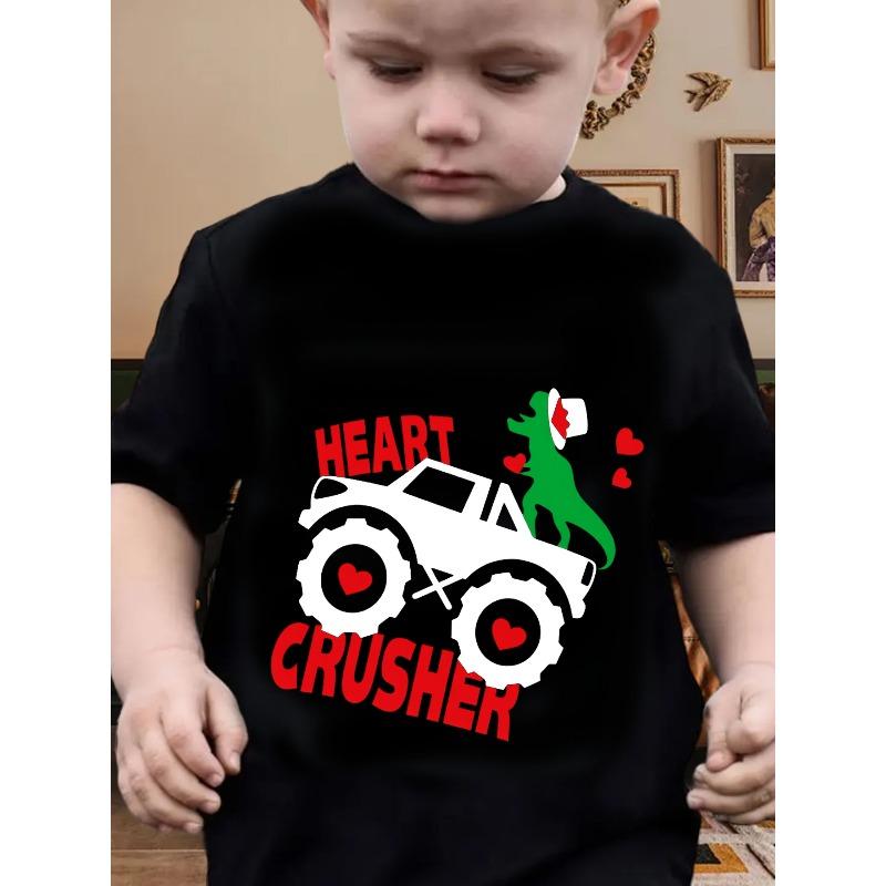 European sizes Boys' Fashion O-Neck Cartoon Short Sleeve T-Shirt with Fun Lettering, Car, and Dinosaur Print