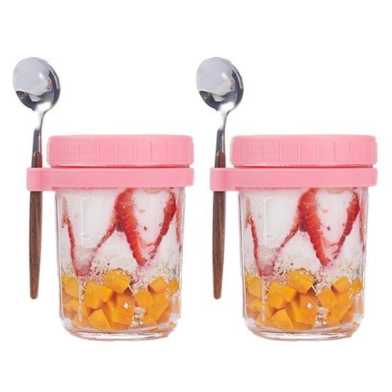 2 Pcs 350ML Oatmeal Cup Glass Overnight Oats Containers Airtight Breakfast Meal Prep Glass Container Yogurt Salad Cereal Jar with Lids and Spoons