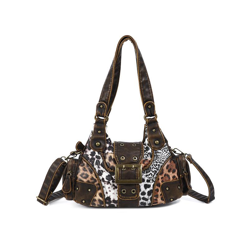 Women'S Retro Personalized Leopard Print Tote Bag Large Capacity Splicing Niche Shoulder Bag