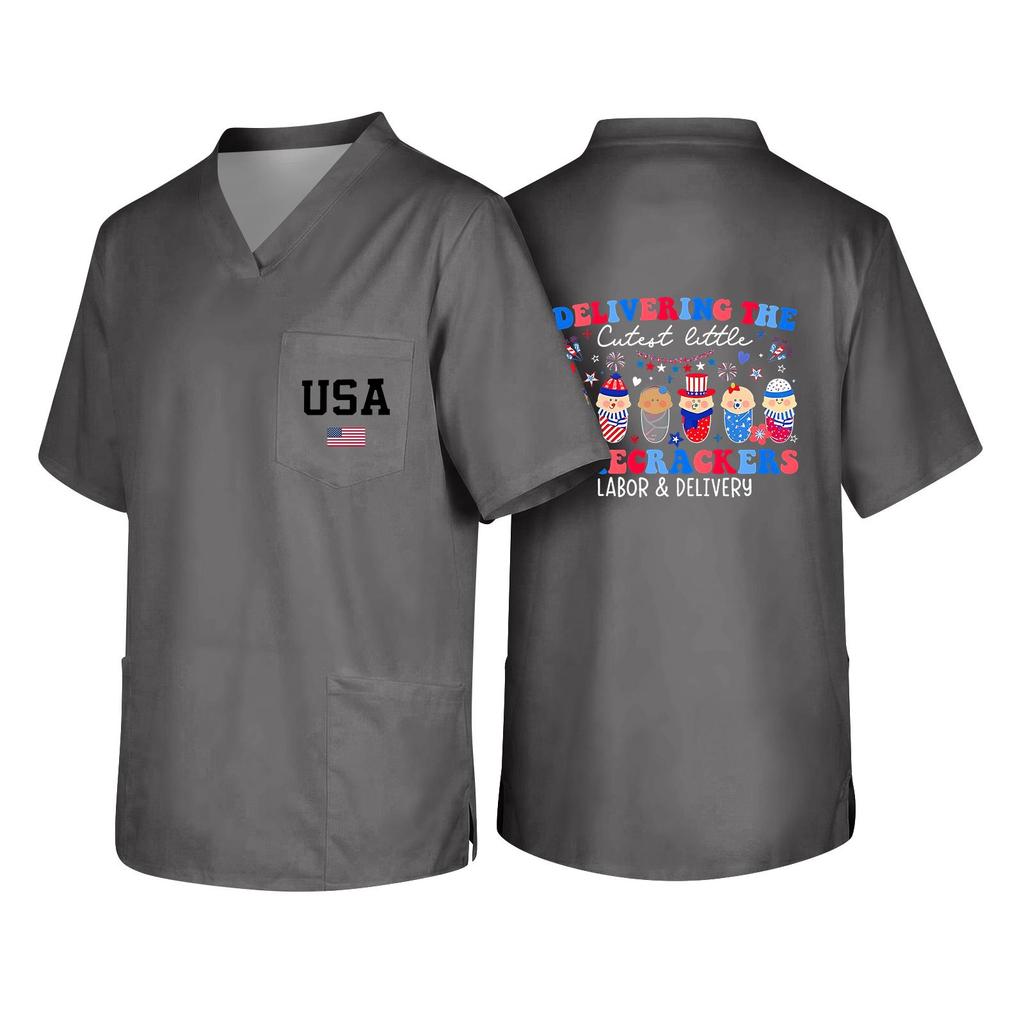 Men's V Neck Work Shirt Short Sleeve Pocket Top with USA Print Suitable for Healthcare and Labor Day Uniforms