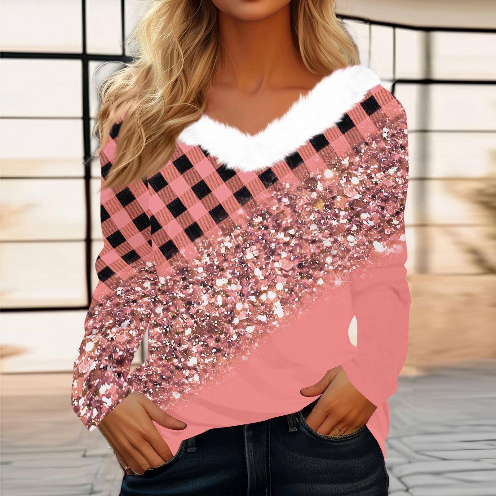 

Женский модный топ с длинным рукавом, клетчатым принтом, флисовым воротником и V-образным вырезом XXL розовый