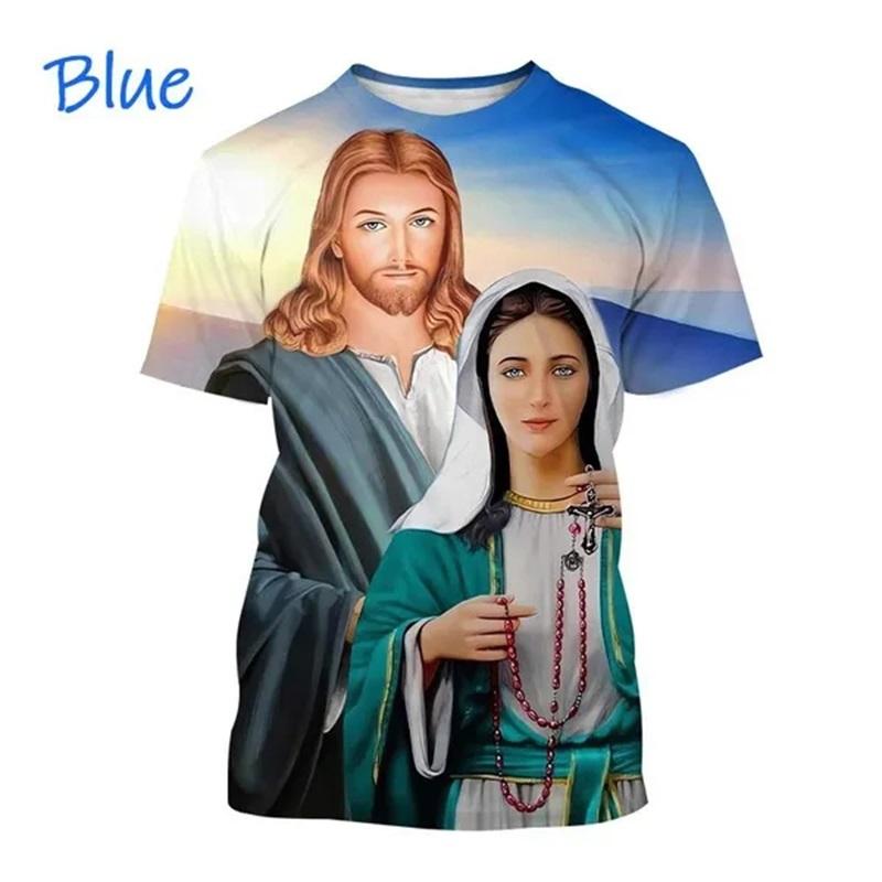 Christliches T-Shirt mit der Jungfrau Maria und der Mutter Gottes für Männer, Jesus liebt, lässiges Rundhals-T-Shirt, kurzärmelig, übergroßes Herren-T-Shirt