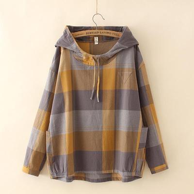 Plus Size Women's T-shirt Spring Loose Plaid Drawstring Long-sleeved Hooded Pullover