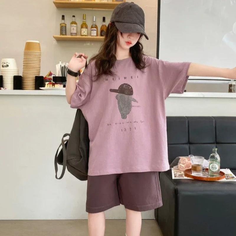Summer Girls Cotton Alphabet Cartoon Print Loose T-Shirt Tops+Shorts Pant Sets School Kids 2PCS Tracksuit Children Outfit 5-16Yr