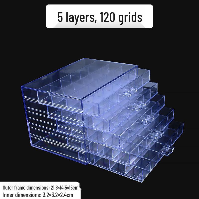 

5-слойный акриловый ящик для хранения нейл-арта и украшений - 120 ячеек, прозрачный, большие утолщенные ящики Large