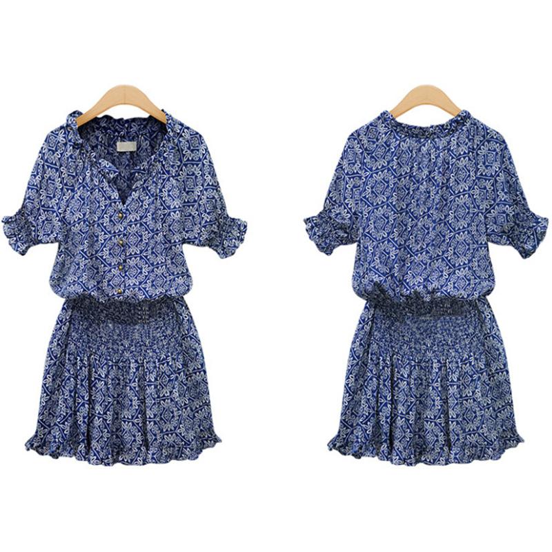 Short Sleeve Print Casual Versatile V-Neck Maxi Dress