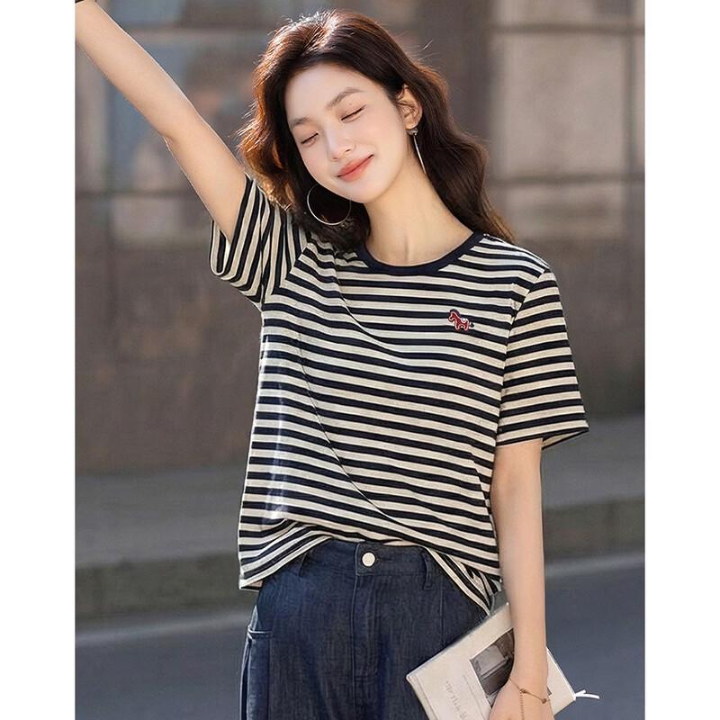 Women s Retro Striped Embroidered Pony T-Shirt M