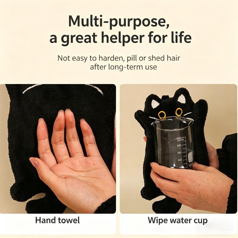 2Pcs And 1-Piece Wall-Mounted Black Cat Hand Towel, Kitchen Heat-Resistant Mat, Thickened Absorbent Coral Fleece Cleaning Cloth And Hand Towel