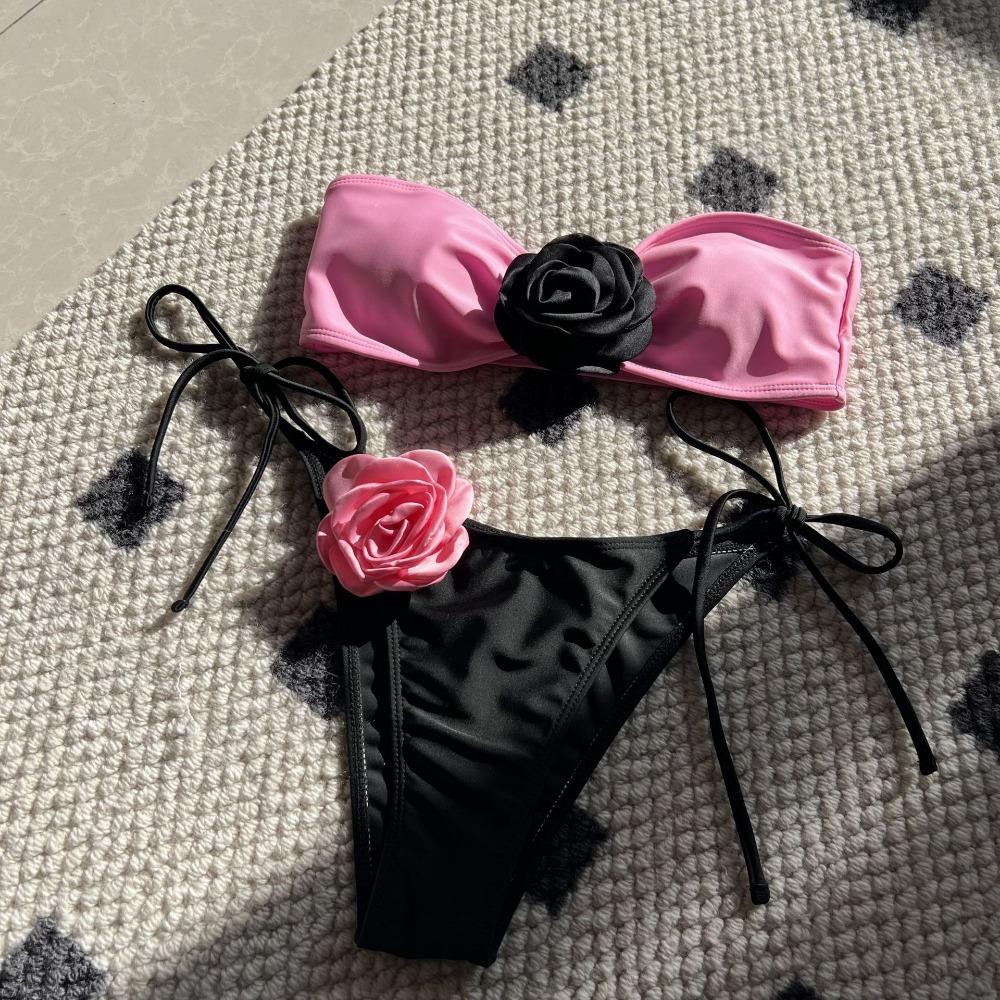 European and American Color Matching Rose Tube Top Lace-up Drawstring Strap Split Swimsuit Bikini