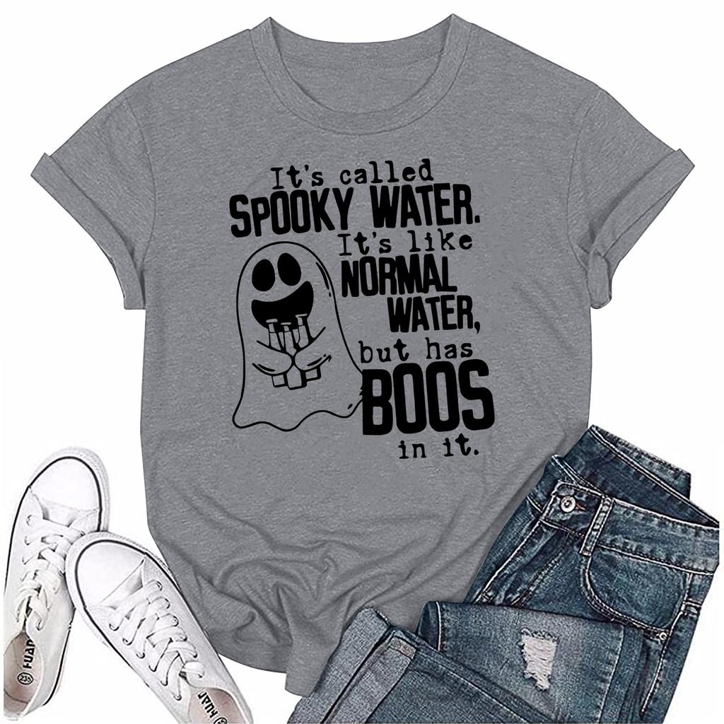 Women's Halloween Ghost Print Short Sleeve Loose Round Neck Pullover Top