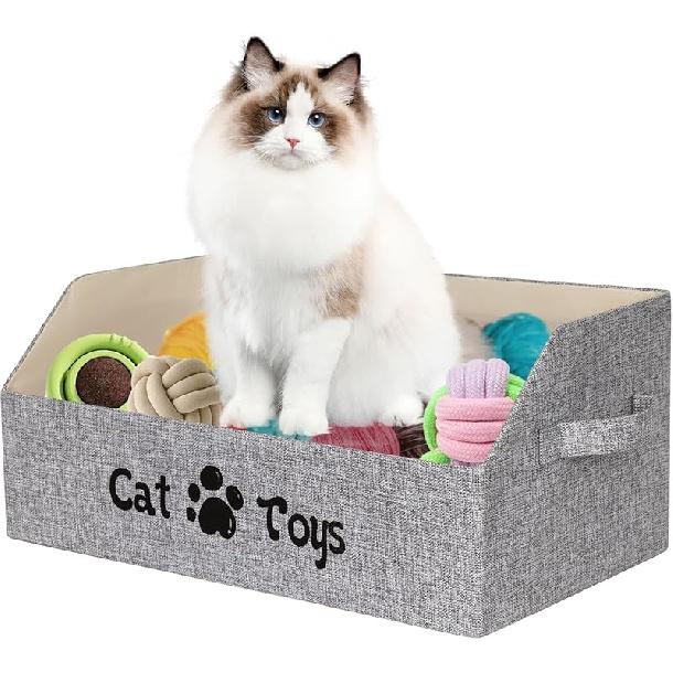 19.7 in Cat Toy Bin, Cat Toy Storage Box Kitten Toy Basket Collapsible Pet Supplies Storage Chest Holder Organizer with Handles for Organizing Dogs