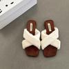 Fashion cross-strapped fluffy slippers women's outer wear home autumn and winter French niche casual temperament simple cotton slippers