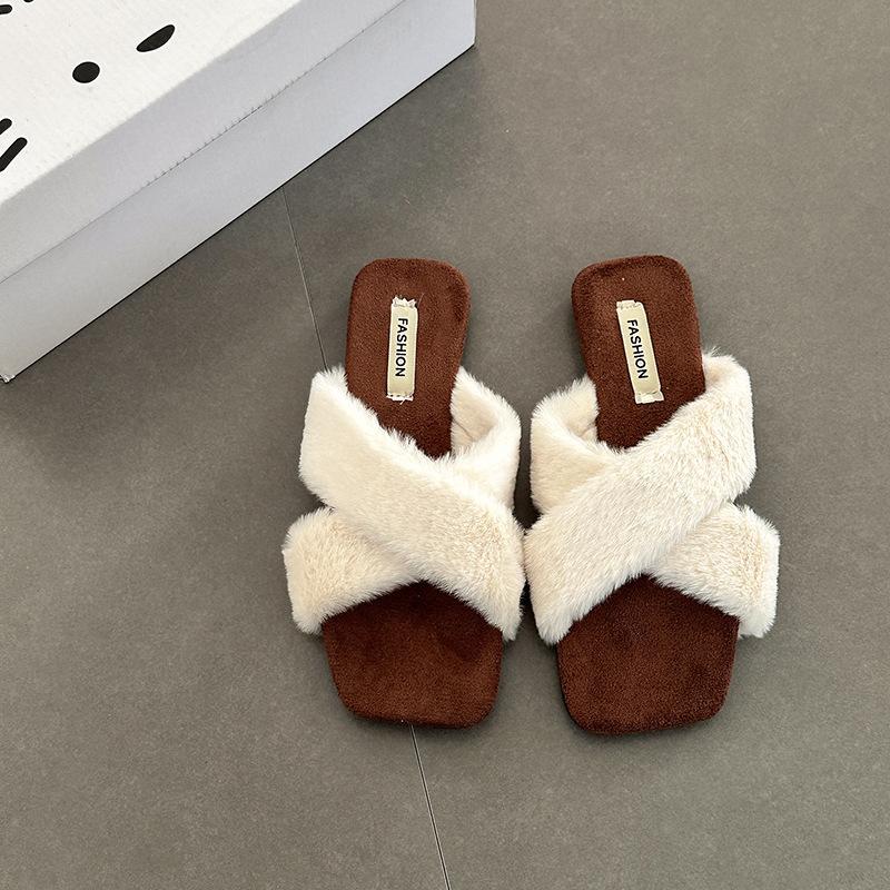 Fashion Cross-strapped Fluffy Slippers Women's Outer Wear Home Autumn and Winter French Niche Casual Temperament Simple Cotton Slippers