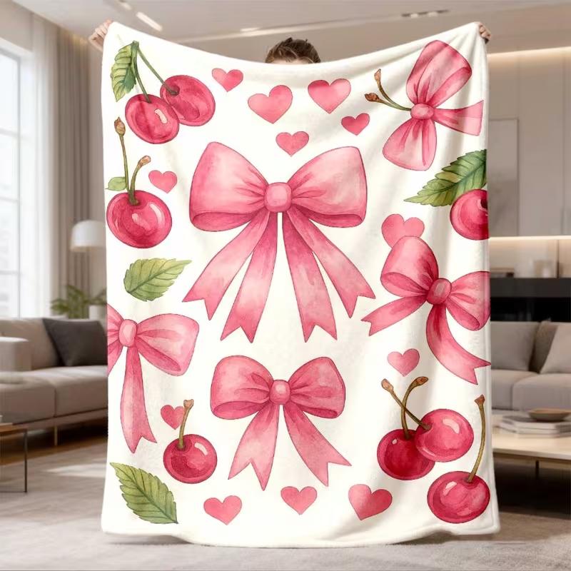 Black Background Bow Print Throw Blanket Soft Aesthetic Coquette Style Blanket Lightweight Warm Bed Couch Blanket For Bedroom