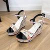 Fashion Summer New Wedge-heeled Sandals Women Fashion Round Head Print Open-toe Line with Waterproof Platform High Heels