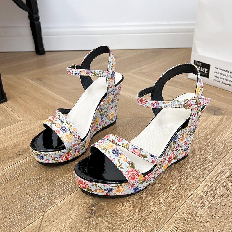 Fashion Summer New Wedge-heeled Sandals Women Fashion Round Head Print Open-toe Line with Waterproof Platform High Heels