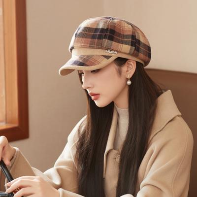 Hat Female English Style Retro Plaid Octagonal Hat Fashion Versatile Newsboy Hat High Quality Leather Edge Cap