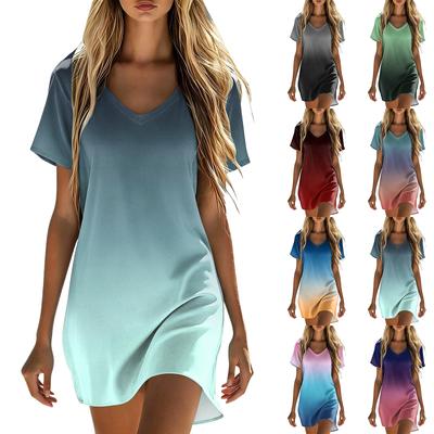 Women's Summer Casual V Neck Short Sleeve Gradient Print Dress Loose Fit Lightweight Soft Fabric Comfortable Wear