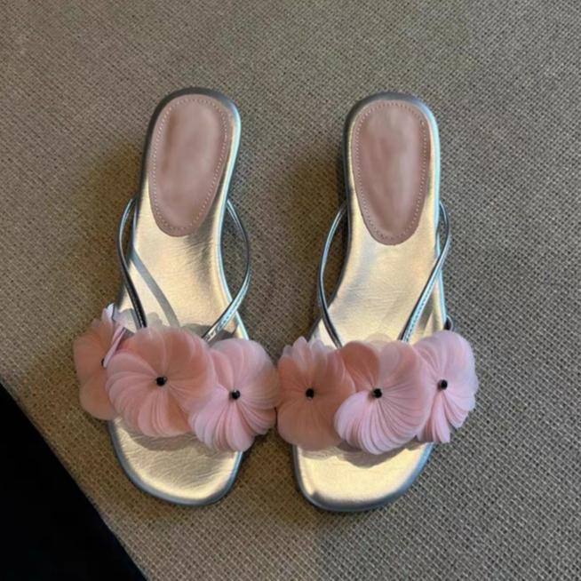 Fashion Flower Casual Flip Flops Shoes Woman Clip Toe Slippers Square Toe Women Heeled Sandals 2025 Trend Summer Elegant Dress Sandalias