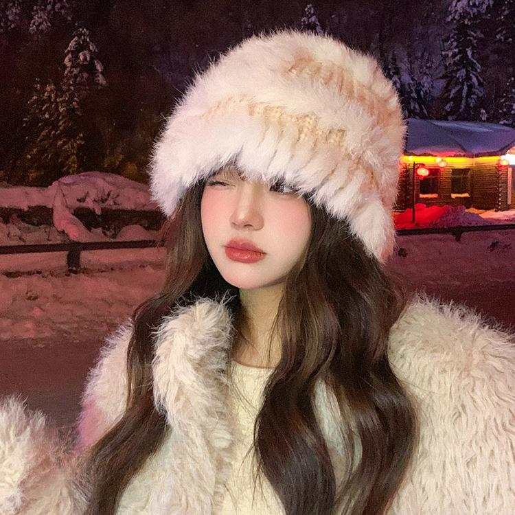 Chapeau seau tricoté en fourrure de lapin pour femme, nouveau chapeau de bassin thermique épais en peluche montrant un petit chapeau de fourrure pour le visage, hiver 2023