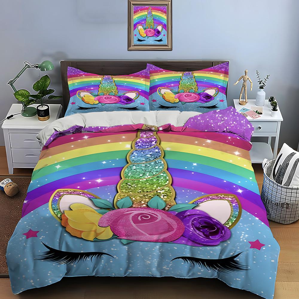 3PC Pink Unicorn Print Bedding Set Duvet Cover 1 Duvet Cover 2 Pillowcases Adult and Children Bedding Set Luxury To Girls Gifts